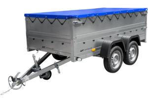 GARDEN TRAILER 264/2 KIPP remorque à deux essieux avec roue jockey, tiges de support, ridelles supplémentaires et bâche plate bleue